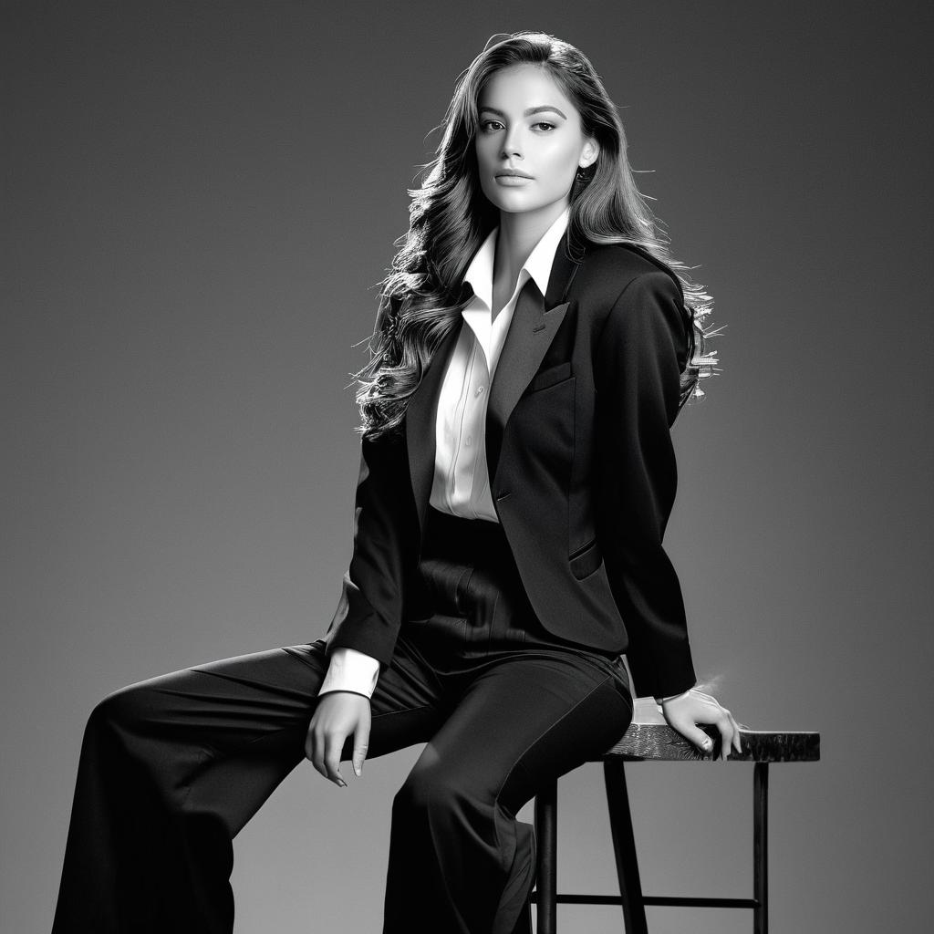  black and white photo, portrait, %GENDER% %AGERANGE% with long wavy straight hair posing sitting on a high bar stool with torso turned to the left and legs in a thinking position, looking at the camera, dressed in a large black jacket and wide leg black palazzo pants like a tuxedo, gray background