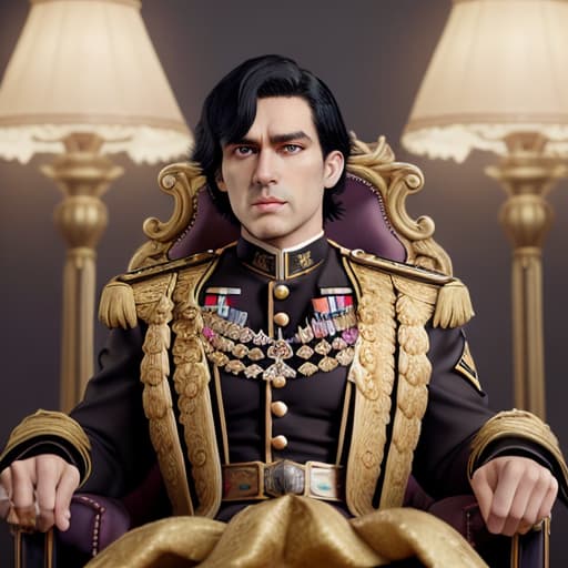  A handsome Boy,purple eyes,jet black hair,wyvern wings,stern expression,wears an world war two era German admiral uniform,sitting on a throne in a gallant porcelain room,male,solo,high resolution,detailed,anime style,4k hyperrealistic, full body, detailed clothing, highly detailed, cinematic lighting, stunningly beautiful, intricate, sharp focus, f/1. 8, 85mm, (centered image composition), (professionally color graded), ((bright soft diffused light)), volumetric fog, trending on instagram, trending on tumblr, HDR 4K, 8K