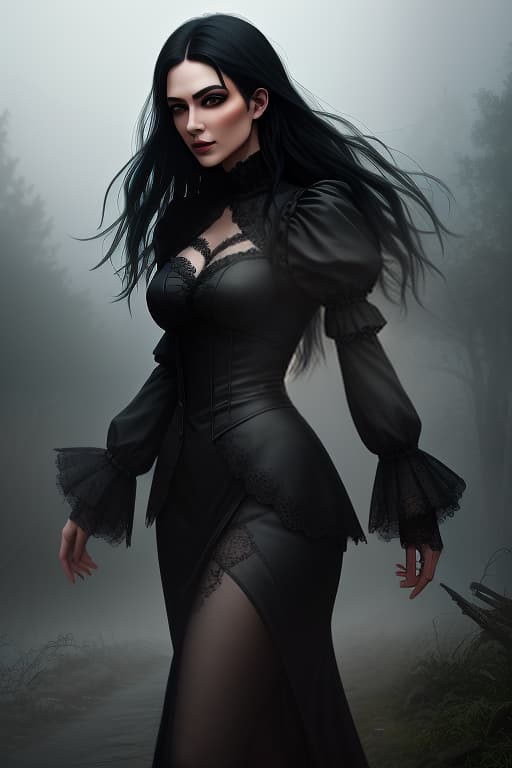  The vampire girl. Black hair is flowing freely in the wind. Green eyes. There is fog in the background, a gloomy atmosphere hyperrealistic, full body, detailed clothing, highly detailed, cinematic lighting, stunningly beautiful, intricate, sharp focus, f/1. 8, 85mm, (centered image composition), (professionally color graded), ((bright soft diffused light)), volumetric fog, trending on instagram, trending on tumblr, HDR 4K, 8K