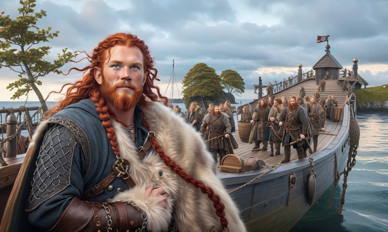  nautical themed epic viking pirate man, red hair, long curly hair, braids, intricate details, furs, freckles, viking clothing, disembarks from the ship in Scandinavian viking settlement, mysterious grin,oil painting style, iron chain mail . sea, ocean, ships, maritime, beach, marine life, highly detailed hyperrealistic, full body, detailed clothing, highly detailed, cinematic lighting, stunningly beautiful, intricate, sharp focus, f/1. 8, 85mm, (centered image composition), (professionally color graded), ((bright soft diffused light)), volumetric fog, trending on instagram, trending on tumblr, HDR 4K, 8K