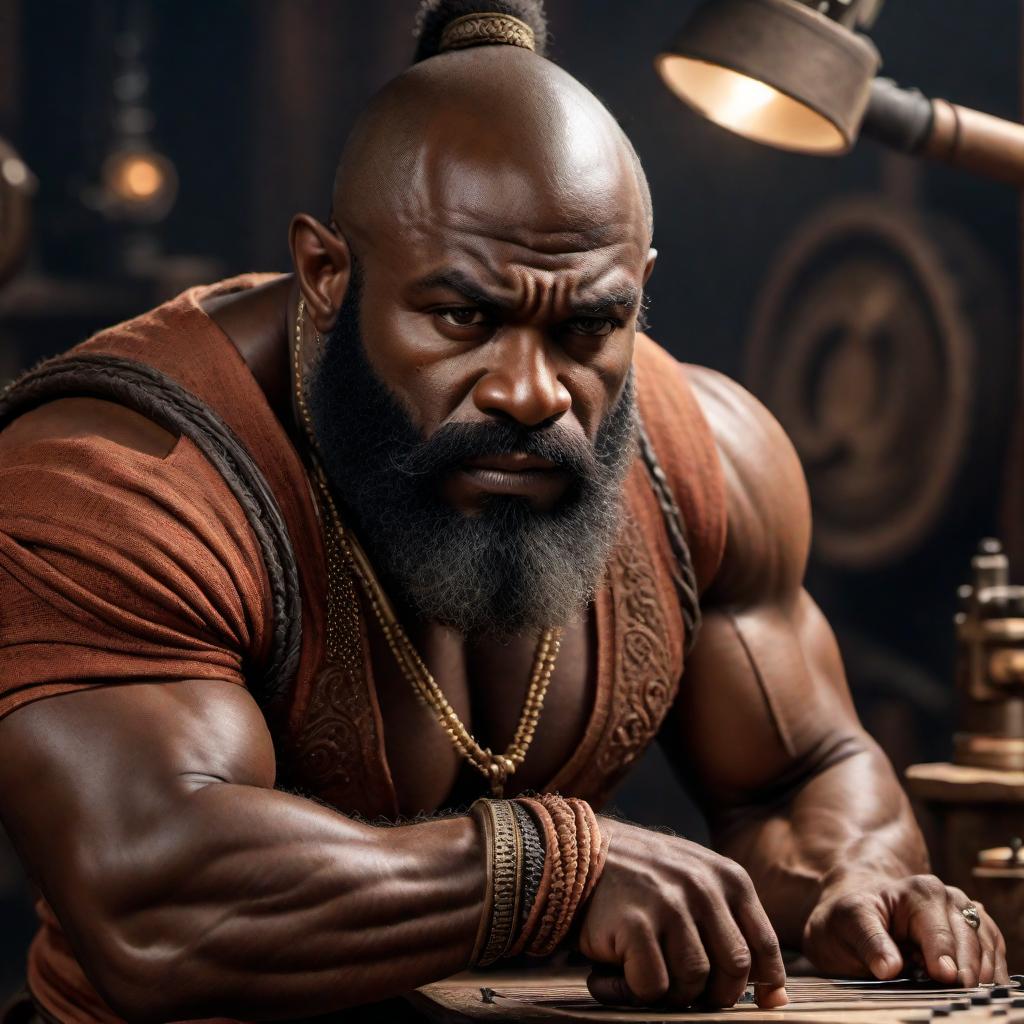  A dark-skinned dwarf physically making a record with his bare hands. The dwarf appears focused and strong, showing determination and skill in crafting the record. The setting is a workshop with rustic elements, dimly lit with a warm, earthy tone. The detail captures his muscular arms and hands carefully shaping the vinyl, highlighting his craftsmanship and dedication to the art of music. hyperrealistic, full body, detailed clothing, highly detailed, cinematic lighting, stunningly beautiful, intricate, sharp focus, f/1. 8, 85mm, (centered image composition), (professionally color graded), ((bright soft diffused light)), volumetric fog, trending on instagram, trending on tumblr, HDR 4K, 8K