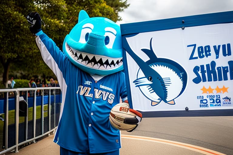  a shark mascot wearing a white and blue Waves basketball jersey holding a sign