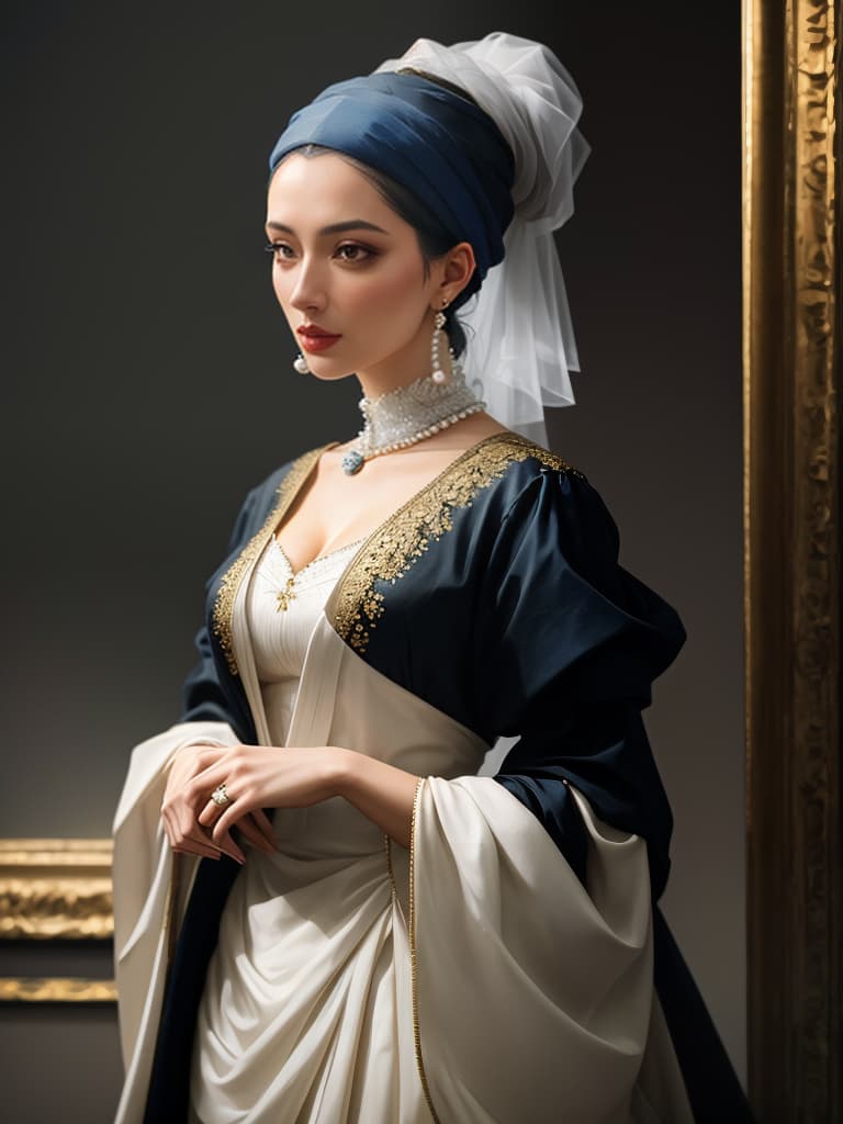  a painting of a girl with a pearl earring <lora:JohannesVermeerXL v1:1> hyperrealistic, full body, detailed clothing, highly detailed, cinematic lighting, stunningly beautiful, intricate, sharp focus, f/1. 8, 85mm, (centered image composition), (professionally color graded), ((bright soft diffused light)), volumetric fog, trending on instagram, trending on tumblr, HDR 4K, 8K