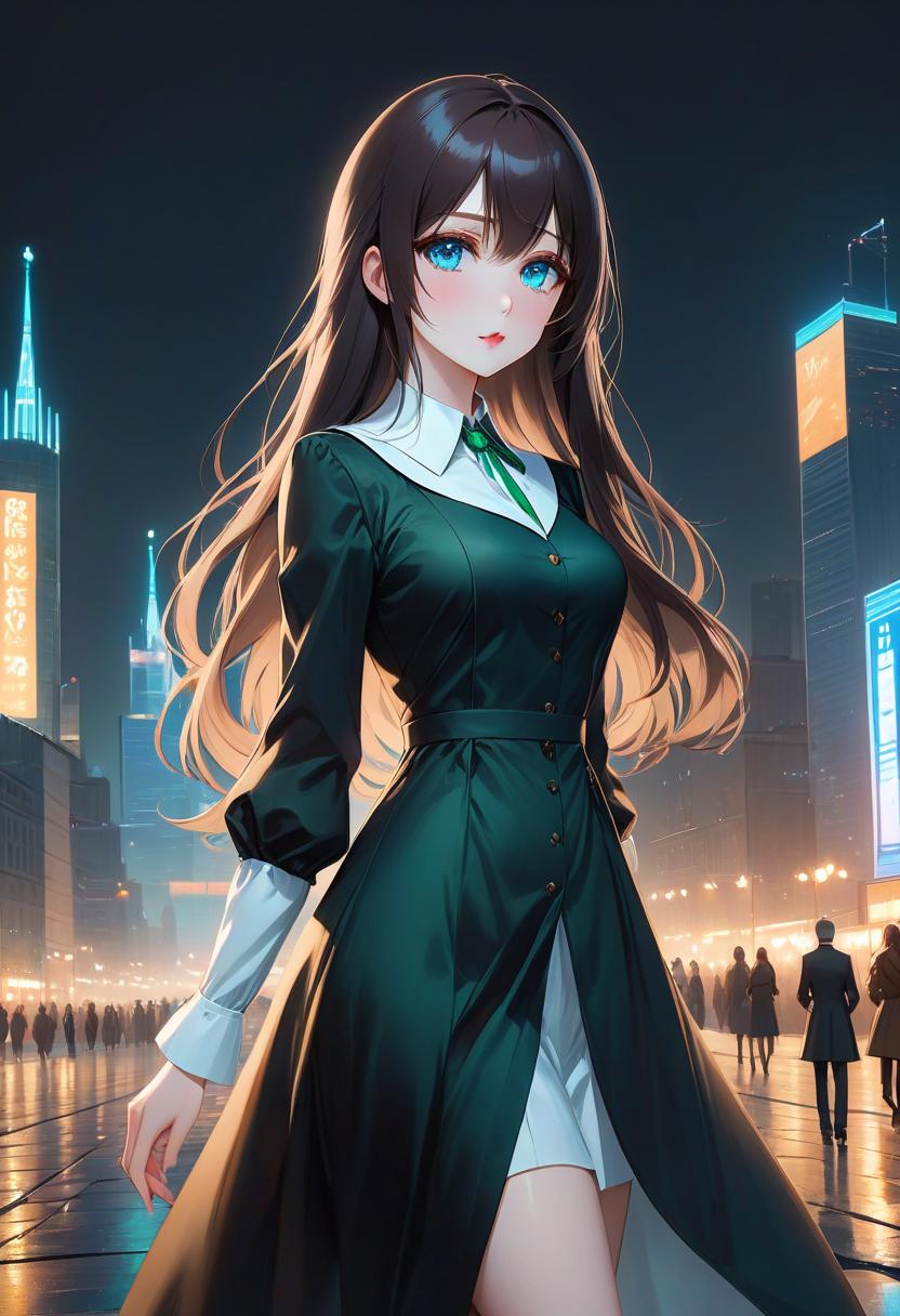  anime artwork beautiful , , white skinned, European, маленькая грудь, плоская грудь, blue eyes, long brown straight hair, slender figure, small neat s, dressed in a black dress with a white collar and white cuffs, full length, against the backdrop of a modern city. Skyscrs of Moscow City (photorealism, oil painting: 1.3), (full length shot: 1.3), charming , long flowing black hair, (large sensual mouth: 1.2), plump lips, sparkling emerald eyes , narrow waist, (sensual drawing: 1.2), silvery glow, ethereal aura, detailed brushwork, intricate shadows and highlights, mysterious and captivating expression, unique color palette, masterful use of light and shadow, captivating atmosphe hyperrealistic, full body, detailed clothing, highly detailed, cinematic lighting, stunningly beautiful, intricate, sharp focus, f/1. 8, 85mm, (centered image composition), (professionally color graded), ((bright soft diffused light)), volumetric fog, trending on instagram, trending on tumblr, HDR 4K, 8K