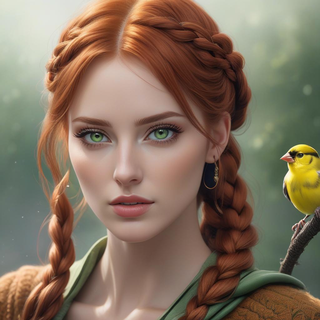  hyperrealistic art Digital artwork of a woman with striking green eyes and auburn braided hair, over a textured background. gorgeous redhead model with green eyes, goldfinch flying, smooth and realistic portrait, smooth and intricate, high definition, realistic, clear and detailed eyes, hi res, photorealistic, Nikon Z9, 85mm F1.2, DOF, smooth and realistic . extremely high resolution details, photographic, realism pushed to extreme, fine texture, incredibly lifelike hyperrealistic, full body, detailed clothing, highly detailed, cinematic lighting, stunningly beautiful, intricate, sharp focus, f/1. 8, 85mm, (centered image composition), (professionally color graded), ((bright soft diffused light)), volumetric fog, trending on instagram, trending on tumblr, HDR 4K, 8K