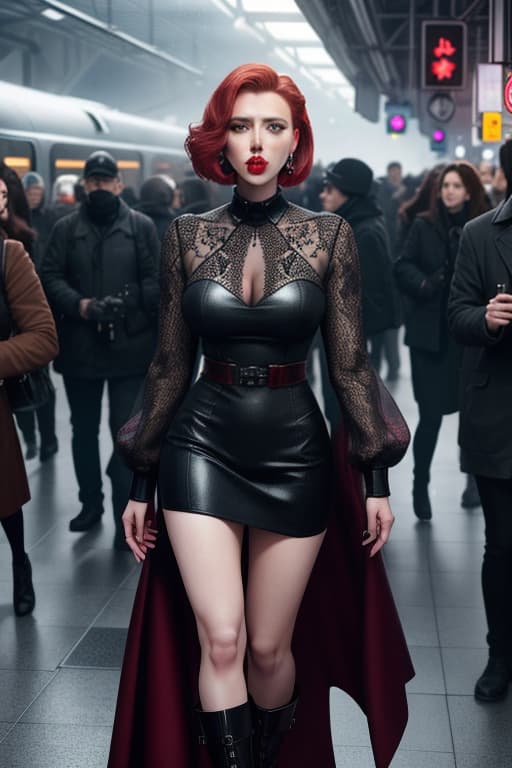  Ultra realistic picture, full lenght picture, amazing , beautiful , Scarlett Johansson, dark make up, pale skin, beautiful face, mini dress, deep age, ful, carmin red lips, medium s, crowded place, people around, train station hyperrealistic, full body, detailed clothing, highly detailed, cinematic lighting, stunningly beautiful, intricate, sharp focus, f/1. 8, 85mm, (centered image composition), (professionally color graded), ((bright soft diffused light)), volumetric fog, trending on instagram, trending on tumblr, HDR 4K, 8K