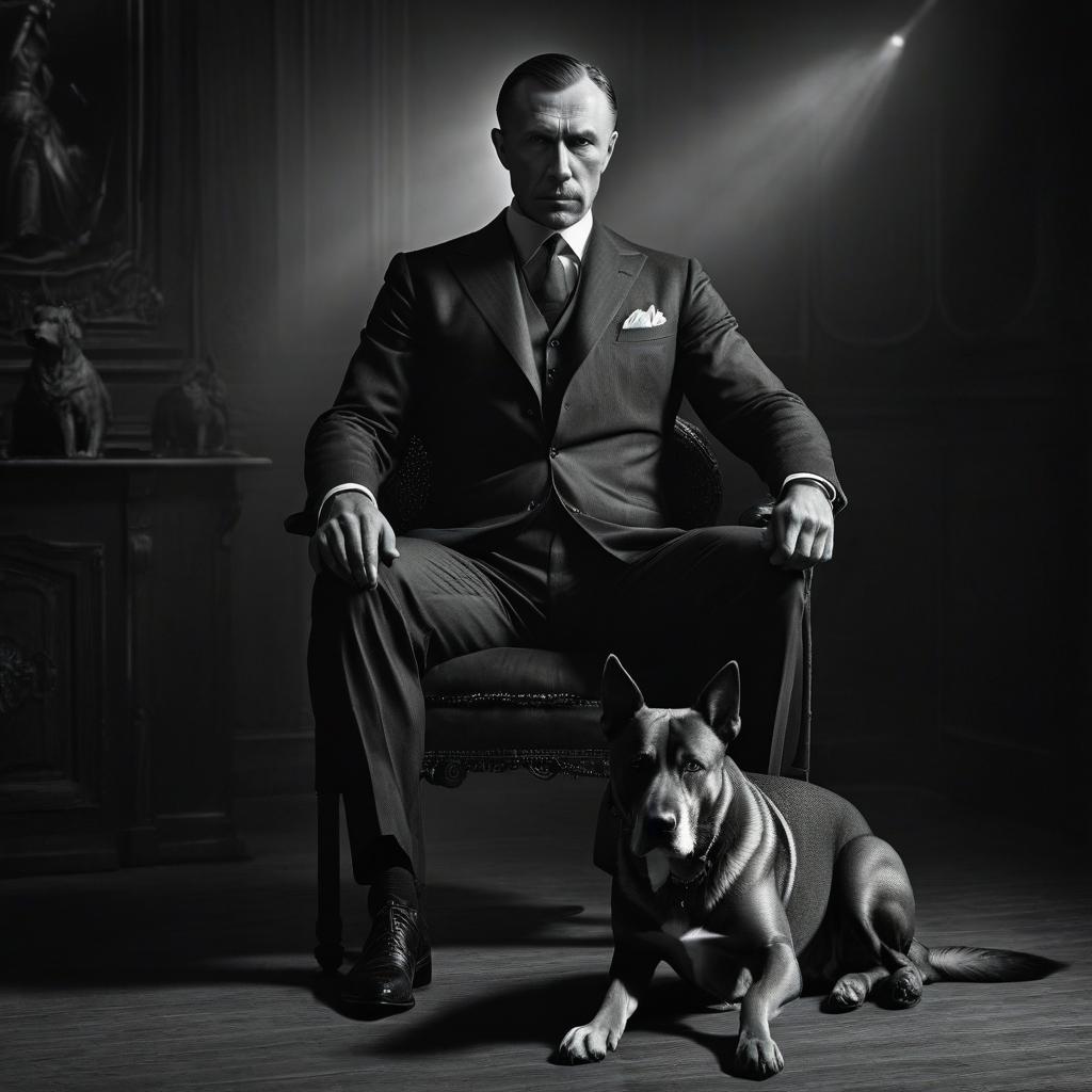  The writer Bulgakov sits in a chair, a dog is at his knees, a black and white photograph, a portrait. hyperrealistic, full body, detailed clothing, highly detailed, cinematic lighting, stunningly beautiful, intricate, sharp focus, f/1. 8, 85mm, (centered image composition), (professionally color graded), ((bright soft diffused light)), volumetric fog, trending on instagram, trending on tumblr, HDR 4K, 8K