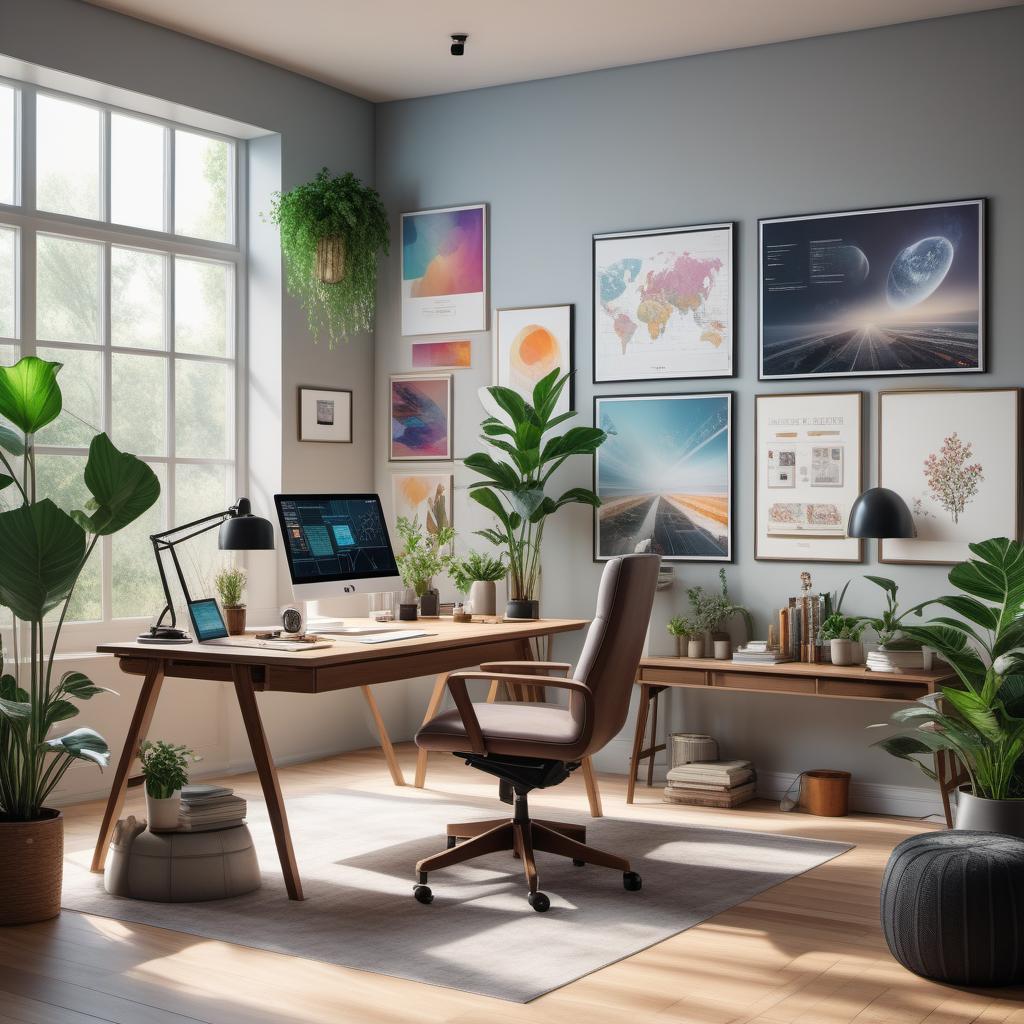  An AI-generated image of a designer's workspace. In the scene, there are a modern desk with a computer displaying a design software interface, sketchbooks, and colorful art supplies scattered around. The room is well-lit with natural light coming through large windows, and there are plants and inspirational posters on the walls. On the screen, there are artistic logos and marketing materials exemplifying the level of sophistication and customization AI can provide. The environment looks high-tech and creative, blending modern technology with artistic elements, signifying the future of design where creativity meets technology. hyperrealistic, full body, detailed clothing, highly detailed, cinematic lighting, stunningly beautiful, intricate, sharp focus, f/1. 8, 85mm, (centered image composition), (professionally color graded), ((bright soft diffused light)), volumetric fog, trending on instagram, trending on tumblr, HDR 4K, 8K