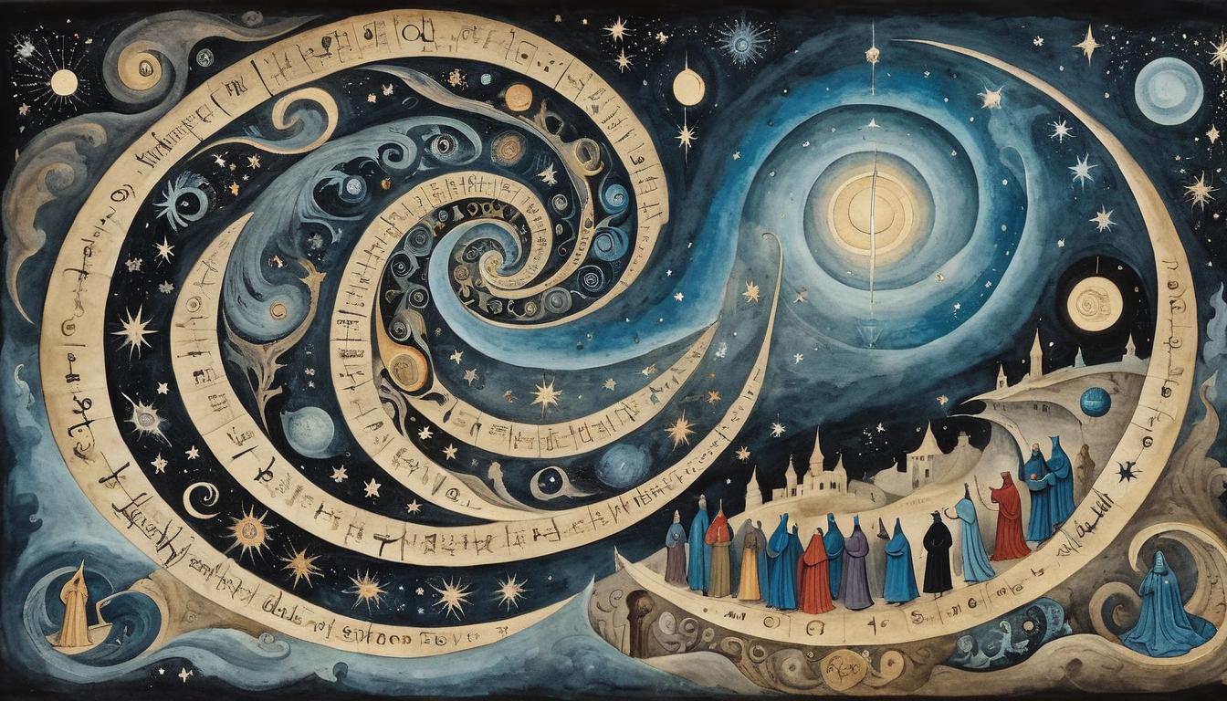  on parchment, surrealism+++, Cloaked figures gathered in secret, surrounding a dark cosmic swirl, horned spirals, shimmering stars, omnipresent darkness, elusive(mysterious, provocative, symbolic,muted color)+++