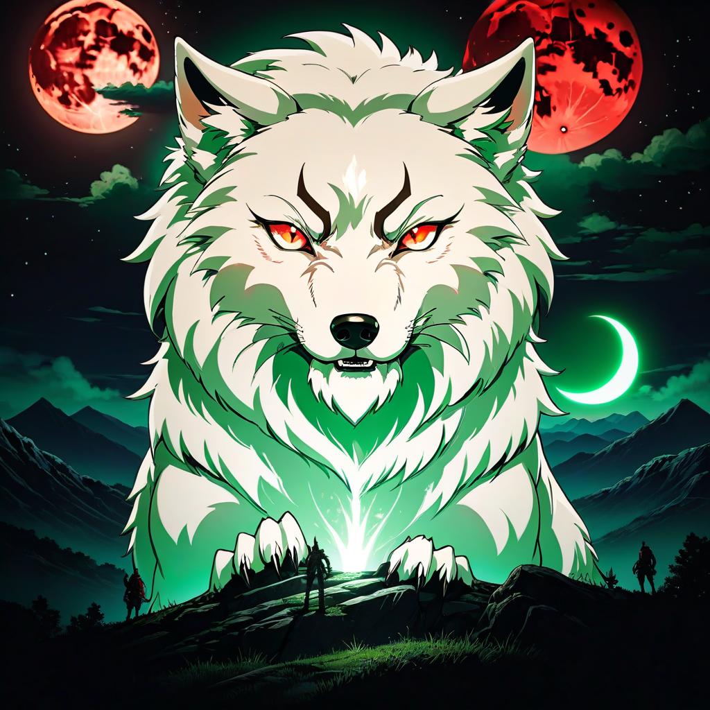  anime artwork Create a white wolf logo, very angry, old, and with scars, standing on a hill with a space for an inscription below. Add lots of green color and add a Japanese moon with red illumination behind it. . anime style, key visual, vibrant, studio anime, highly detailed hyperrealistic, full body, detailed clothing, highly detailed, cinematic lighting, stunningly beautiful, intricate, sharp focus, f/1. 8, 85mm, (centered image composition), (professionally color graded), ((bright soft diffused light)), volumetric fog, trending on instagram, trending on tumblr, HDR 4K, 8K