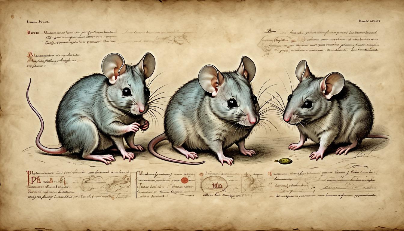  on parchment, surrealism+++, Mouse pups, grown and with differing behaviors, highlighted with glowing patterns of epigenetic markers, contrasting settings, behavioral contrasts, detailed, somber tone(mysterious, provocative, symbolic,muted color)+++