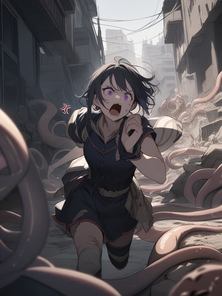  ((beige Tentacles,beige feeler,beige sharp tentacle))1.8,((Anger,screaming,hatred))1.2,murderous intent,mouths open,running,tattered clothes,rubble,collapsed buildings,cool girl,Black hair,(purple eyes),short,cropped hair,crescent moon hair ornament, masterpiece, best quality,8k,ultra detailed,high resolution,an extremely delicate and beautiful,hyper detail