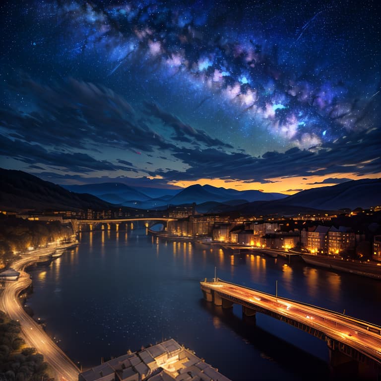  (masterpiece:1.3, Photorealsitic:1.4, 8K), hyperrealistic, highly detailed, sharp focus, (professionally color graded), ((bright soft diffused light)), octans, scenery, starry night sky, reflections, cloud, city, (landscape)