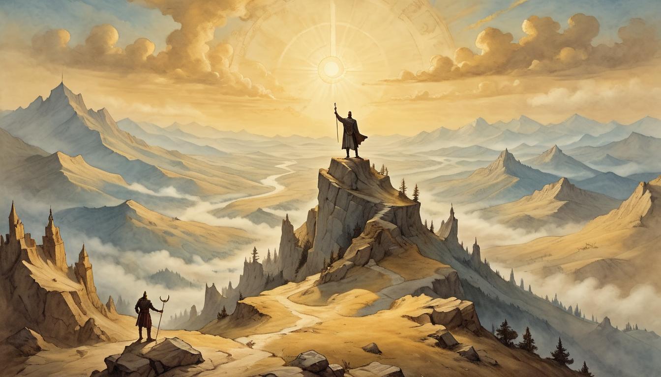  on parchment, surrealism+++, A figure standing on a mountain summit, arms raised in victory, overlooking a vast landscape below, sunrise casting golden light, sense of achievement, inspirational(mysterious, provocative, symbolic,muted color)+++