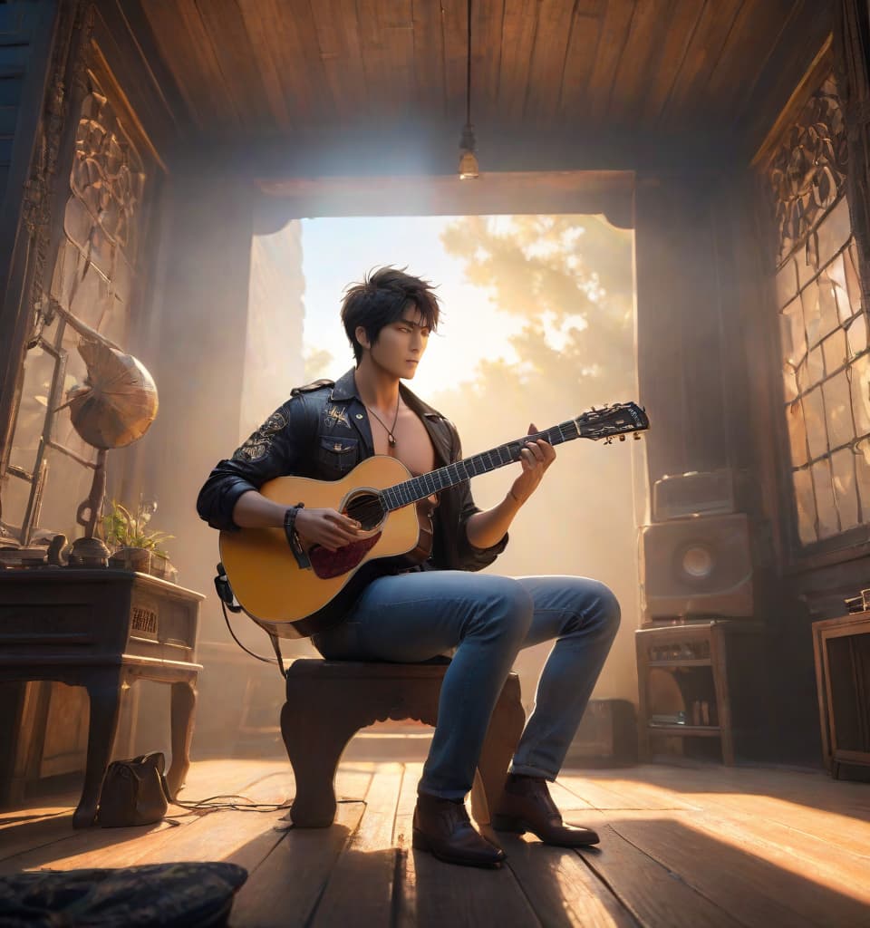  A man with a bare chest is sitting on the text: "sun burst" with a guitar in his hand in perspective. hyperrealistic, full body, detailed clothing, highly detailed, cinematic lighting, stunningly beautiful, intricate, sharp focus, f/1. 8, 85mm, (centered image composition), (professionally color graded), ((bright soft diffused light)), volumetric fog, trending on instagram, trending on tumblr, HDR 4K, 8K