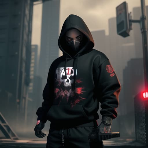  A striking, dark illustration in the graffiti style of a hip-hop-clad skeleton, or calavera. The character is wearing a hoodie with a large logo, baggy pants, and sneakers. Each hand is holding a distinctive, oversized pistol, with both weapons having a fierce, almost menacing appearance. The background is a dark, urban setting, with graffiti-covered walls and a dim, eerie atmosphere,4k, high definition and details, super realistic, black background, style art by artist Og Abel, effect HDR, to print on t-shirt, (masterpiece, best quality:1.5), HDR 4K, 8K