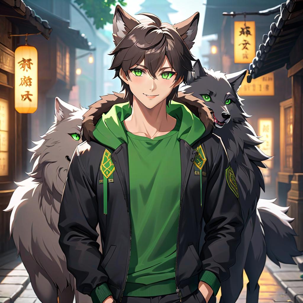  anime artwork furry, wolf man, humanoid, realistic style, green eyes, dark grayish brown fur, dark gray hair, Discord avatar, expressive gaze, angelic smile, 1080p quality. . anime style, key visual, vibrant, studio anime, highly detailed hyperrealistic, full body, detailed clothing, highly detailed, cinematic lighting, stunningly beautiful, intricate, sharp focus, f/1. 8, 85mm, (centered image composition), (professionally color graded), ((bright soft diffused light)), volumetric fog, trending on instagram, trending on tumblr, HDR 4K, 8K