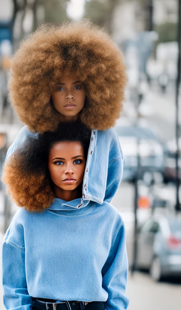 portrait+ style African American walking down the street looking at the camera from the front with long brown hair wearing a blue miniskirt with black heels