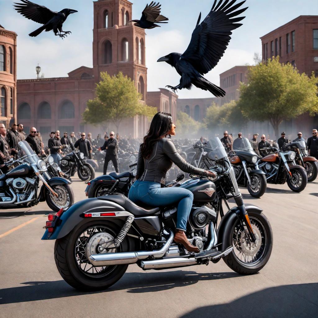  A normal raven flying over and watching over 13 Harley Davidson motorcycles. The scene should show the raven in flight with a clear view of the motorcycles below. The setting is an open area, perhaps a parking lot or a scenic road, with the distinct and iconic features of Harley Davidson bikes clearly visible. hyperrealistic, full body, detailed clothing, highly detailed, cinematic lighting, stunningly beautiful, intricate, sharp focus, f/1. 8, 85mm, (centered image composition), (professionally color graded), ((bright soft diffused light)), volumetric fog, trending on instagram, trending on tumblr, HDR 4K, 8K