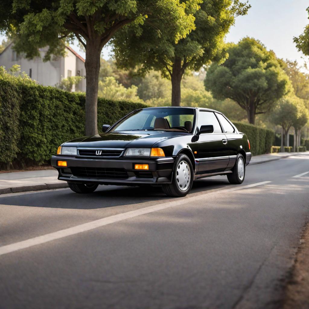  1992 Honda Accord Coupe in black color, parked on a road. The car should emphasize its sporty design elements, including its sleek front grille, distinctive alloy wheels, and classic early 90s coupe body lines. The background should be simple to keep the focus on the car. hyperrealistic, full body, detailed clothing, highly detailed, cinematic lighting, stunningly beautiful, intricate, sharp focus, f/1. 8, 85mm, (centered image composition), (professionally color graded), ((bright soft diffused light)), volumetric fog, trending on instagram, trending on tumblr, HDR 4K, 8K