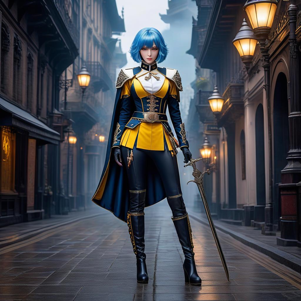  Girl, paladin, ((full body)), blue hair, bob cut, bright yellow eyes, hourglass figure, fully clothed, military uniform, (19th century ceremonial uniform), white clothes, white cloak, ((leggings )), black boots, over the knee boots, thigh high boots, tight boots, (shako), belt, choker, epaulettes, awards, (epic pose), looking at viewer, looking down, evil grin, (extremely hyper detailed face), (masterpiece : 1.4), (perfect eyes: 1.1), (perfect hands), 2D, anime, extremely detailed clothes. hyperrealistic, full body, detailed clothing, highly detailed, cinematic lighting, stunningly beautiful, intricate, sharp focus, f/1. 8, 85mm, (centered image composition), (professionally color graded), ((bright soft diffused light)), volumetric fog, trending on instagram, trending on tumblr, HDR 4K, 8K