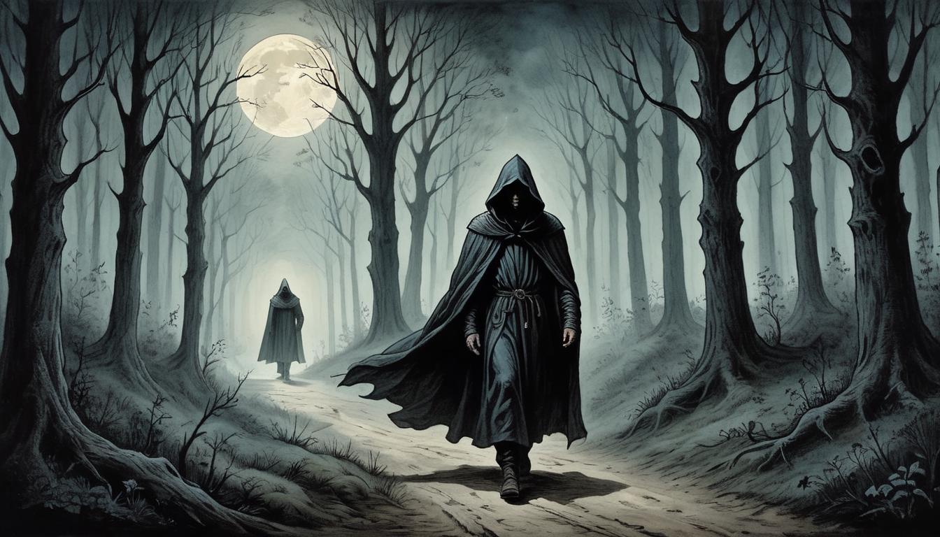  on parchment, surrealism+++, A solitary figure walking through a vast, dark forest, trees tall and shadowy, figure cloaked and hooded, path dimly lit by sparse moonlight, solitary, eerie, ethereal(mysterious, provocative, symbolic,muted color)+++