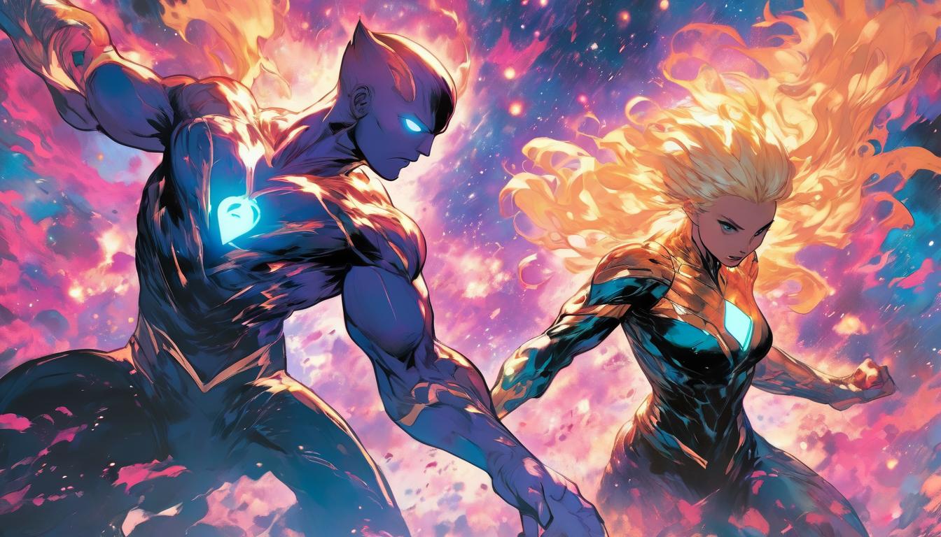  hyperrealism,fantasy aesthetictwo captivating humanoids, one male and one female blonde arians, their hands reaching towards a swirling galaxy, vibrant colors, powerful energy, high tech clothing clad in sleek, futuristic costume with metallic accents and form fitting designs, marvel superhero comics style, unreal engine rendering