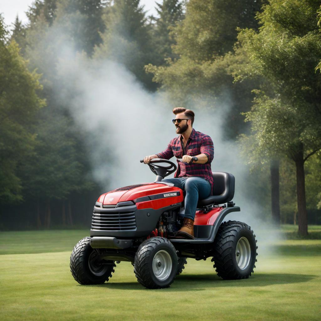  A picture of a ska with a side cut hairstyle, wearing a plaid and black boots, dancing on a riding lawn mower in a fun and energetic manner. hyperrealistic, full body, detailed clothing, highly detailed, cinematic lighting, stunningly beautiful, intricate, sharp focus, f/1. 8, 85mm, (centered image composition), (professionally color graded), ((bright soft diffused light)), volumetric fog, trending on instagram, trending on tumblr, HDR 4K, 8K