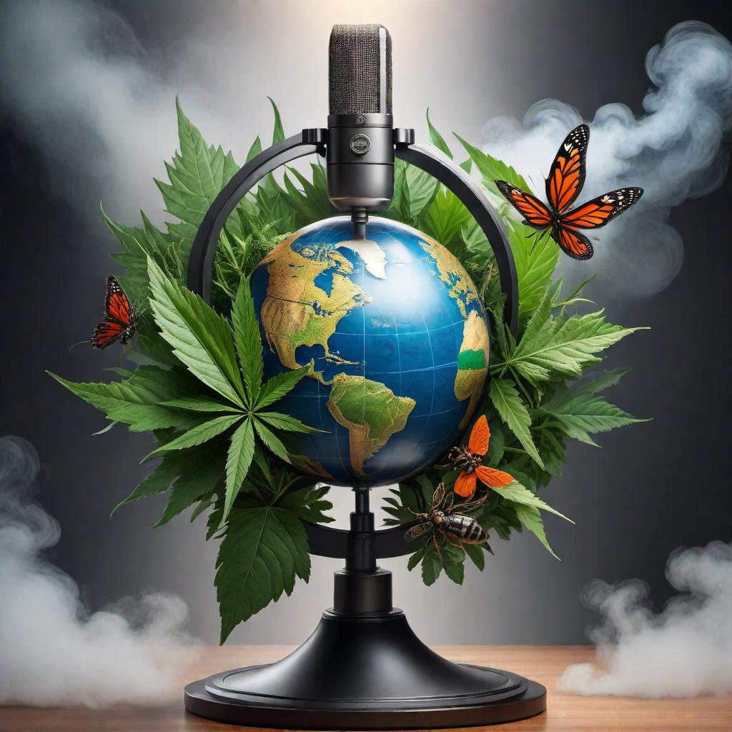  Create a logo incorporating a burning blunt, weed leaves, bugs, a microphone, and a globe. The design should symbolize a unique blend of nature, music, and global connection, reflecting creativity and diversity. hyperrealistic, full body, detailed clothing, highly detailed, cinematic lighting, stunningly beautiful, intricate, sharp focus, f/1. 8, 85mm, (centered image composition), (professionally color graded), ((bright soft diffused light)), volumetric fog, trending on instagram, trending on tumblr, HDR 4K, 8K