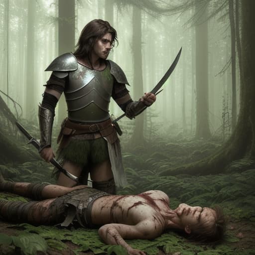  80's fantasy art, Realistic depiction of a young male warrior standing victorious in a forest clearing, with a blood-stained longsword in hand. The bodies of two fallen bandits lie close by—a scarred man and a lean woman. The setting is a dense forest, with daylight filtering through the leaves, casting dappled shadows on the ground. The young warrior's expression is resolute and composed, reflecting a sense of grim determination.
