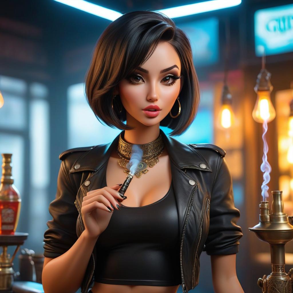  A girl with dark hair, a bob haircut, in a black tank top and denim shorts, a girl smokes a shisha in a black leather jacket. Instead of a glass, she holds a shisha pipe. hyperrealistic, full body, detailed clothing, highly detailed, cinematic lighting, stunningly beautiful, intricate, sharp focus, f/1. 8, 85mm, (centered image composition), (professionally color graded), ((bright soft diffused light)), volumetric fog, trending on instagram, trending on tumblr, HDR 4K, 8K