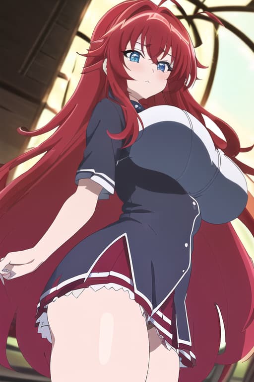  a fat in a very short arched over with a very small and tight with her looking through,masterpiece, best quality, 1women, long red hair, looking at viewer, :3, cute, black uniform, outdoors, streets, cowboy shot, curvy, (((blue eyes))), rias gremory, red hair, antenna hair, wavy hair, ((beautiful detailed eyes, beautiful detailed glow, lots of glow)), anime screencap