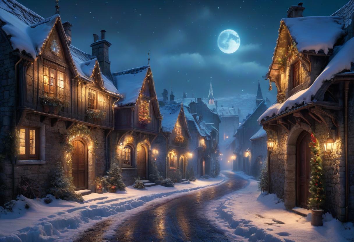  fairy tale No people. A small village in France is covered in snow. In the style of Jean Baptiste Monge, old Gothic stone rickety buildings. Christmas Eve. Night, a bright star is burning in the sky. Christmas decorations hang on the doors of buildings and lights shine in the windows. Details. Lots of embellishments and small details, detailed look. soft colors, HDR, 4K . magical, fantastical, enchanting, storybook style, highly detailed, GLOWNEON, oil painting hyperrealistic, full body, detailed clothing, highly detailed, cinematic lighting, stunningly beautiful, intricate, sharp focus, f/1. 8, 85mm, (centered image composition), (professionally color graded), ((bright soft diffused light)), volumetric fog, trending on instagram, trending on tumblr, HDR 4K, 8K