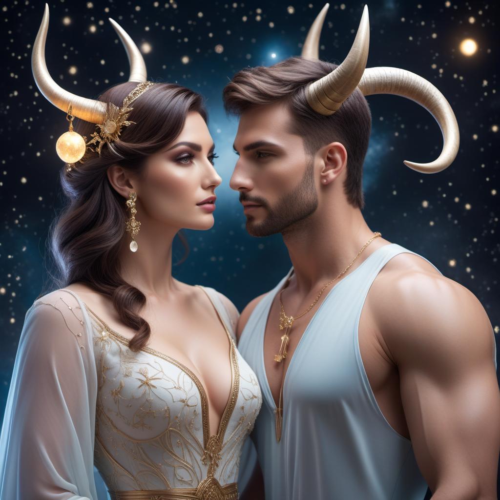  Gemini female and Taurus male as a romantic couple in a fantasy lofi style. The scene features a dreamy, mystical atmosphere with soft, glowing lights and ethereal colors. The Gemini female has a curious and playful expression, while the Taurus male appears strong and nurturing, with distinctive bull horns. They are surrounded by zodiac symbols, stars, and a serene background, reflecting their romantic connection. hyperrealistic, full body, detailed clothing, highly detailed, cinematic lighting, stunningly beautiful, intricate, sharp focus, f/1. 8, 85mm, (centered image composition), (professionally color graded), ((bright soft diffused light)), volumetric fog, trending on instagram, trending on tumblr, HDR 4K, 8K