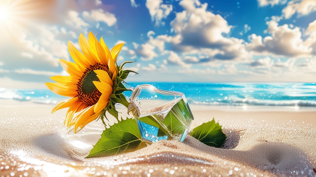  best quality, HD, Beach summer panoramic background with Sunflower flower on the cristal sand and glory water