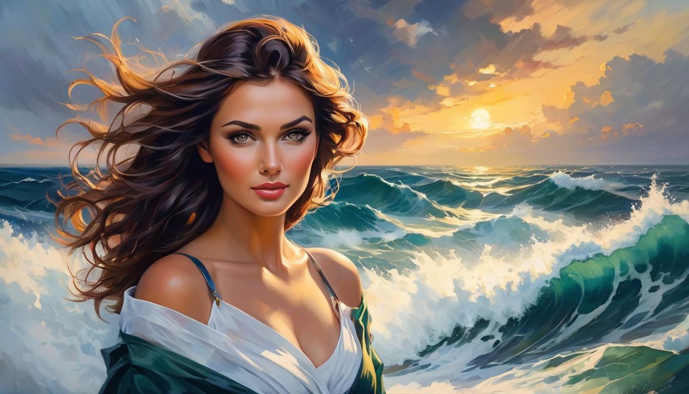  oil paintingAn attractive woman standing at the edge of a turbulent sea, waves crashing, intense expression, wind blowing through her hair, metaphor for deeper emotional challenges, stormy background, dramatic lighting.(energetic brushwork, bold vibrant colors, expressive, emotional,bold brush, oil stroke, raw, emotional, dynamic, distortion for emotional effect, detailed,beautiful, loose brushwork, light and shadow play, captures feeling over form, balanced color