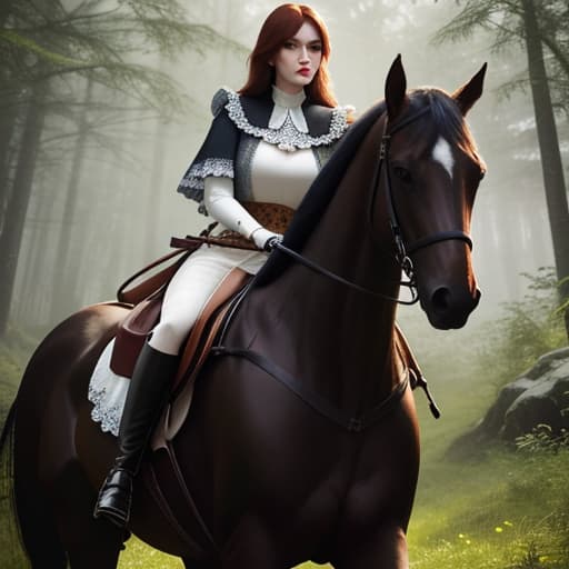  mdjrny-pprct nice girl riding on the horse in the middle of green forest hyperrealistic, full body, detailed clothing, highly detailed, cinematic lighting, stunningly beautiful, intricate, sharp focus, f/1. 8, 85mm, (centered image composition), (professionally color graded), ((bright soft diffused light)), volumetric fog, trending on instagram, trending on tumblr, HDR 4K, 8K