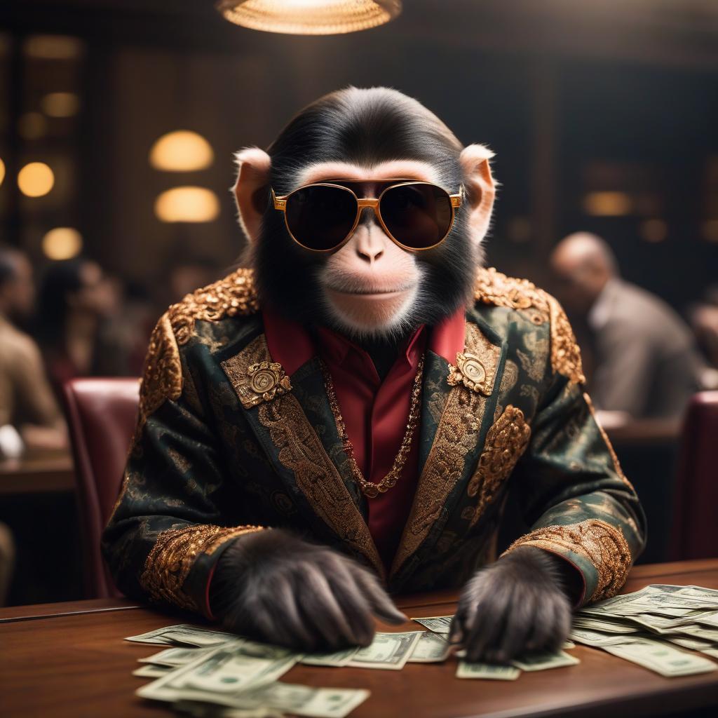  cinematic film still A monkey in a Gucci tracksuit and black sunglasses sits at a table and counts money in his hands and smiles . shallow depth of field, vignette, highly detailed, high budget, bokeh, cinemascope, moody, epic, gorgeous, film grain, grainy hyperrealistic, full body, detailed clothing, highly detailed, cinematic lighting, stunningly beautiful, intricate, sharp focus, f/1. 8, 85mm, (centered image composition), (professionally color graded), ((bright soft diffused light)), volumetric fog, trending on instagram, trending on tumblr, HDR 4K, 8K