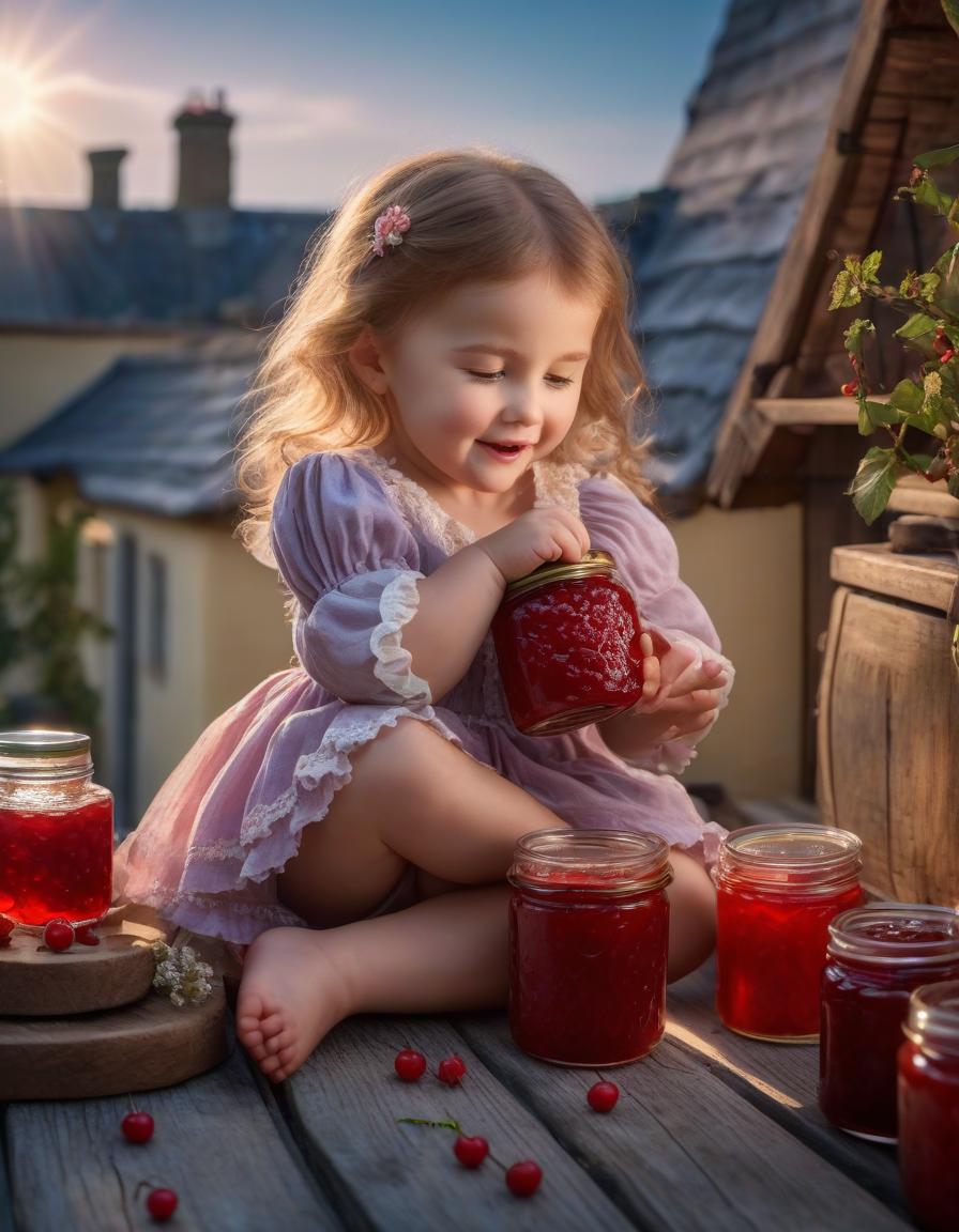  A cheerful Little girl sits and hugs a large jar of jam with her legs and eats cherry jam with her hand, lives on the roof, her face is stained with jam, in the style of a fairy tale hyperrealistic, full body, detailed clothing, highly detailed, cinematic lighting, stunningly beautiful, intricate, sharp focus, f/1. 8, 85mm, (centered image composition), (professionally color graded), ((bright soft diffused light)), volumetric fog, trending on instagram, trending on tumblr, HDR 4K, 8K