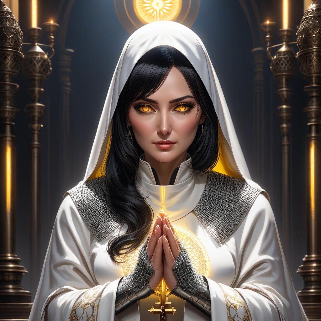  Mature female, big brests, nun, (full body), black hair, bob cut, bright yellow eyes, glowing eyes, hourglass figure, (scale armor), chainmail, white clothing, nun habit, white cloak, looks at viewer, looks down, evil grin, , ((prayer)), hands folded in a prayer gesture, (extremely hyper detailed face), (masterpiece:1.4), (perfect eyes:1.1), (perfect hands), 2d, anime, extremely detailed clothes. hyperrealistic, full body, detailed clothing, highly detailed, cinematic lighting, stunningly beautiful, intricate, sharp focus, f/1. 8, 85mm, (centered image composition), (professionally color graded), ((bright soft diffused light)), volumetric fog, trending on instagram, trending on tumblr, HDR 4K, 8K