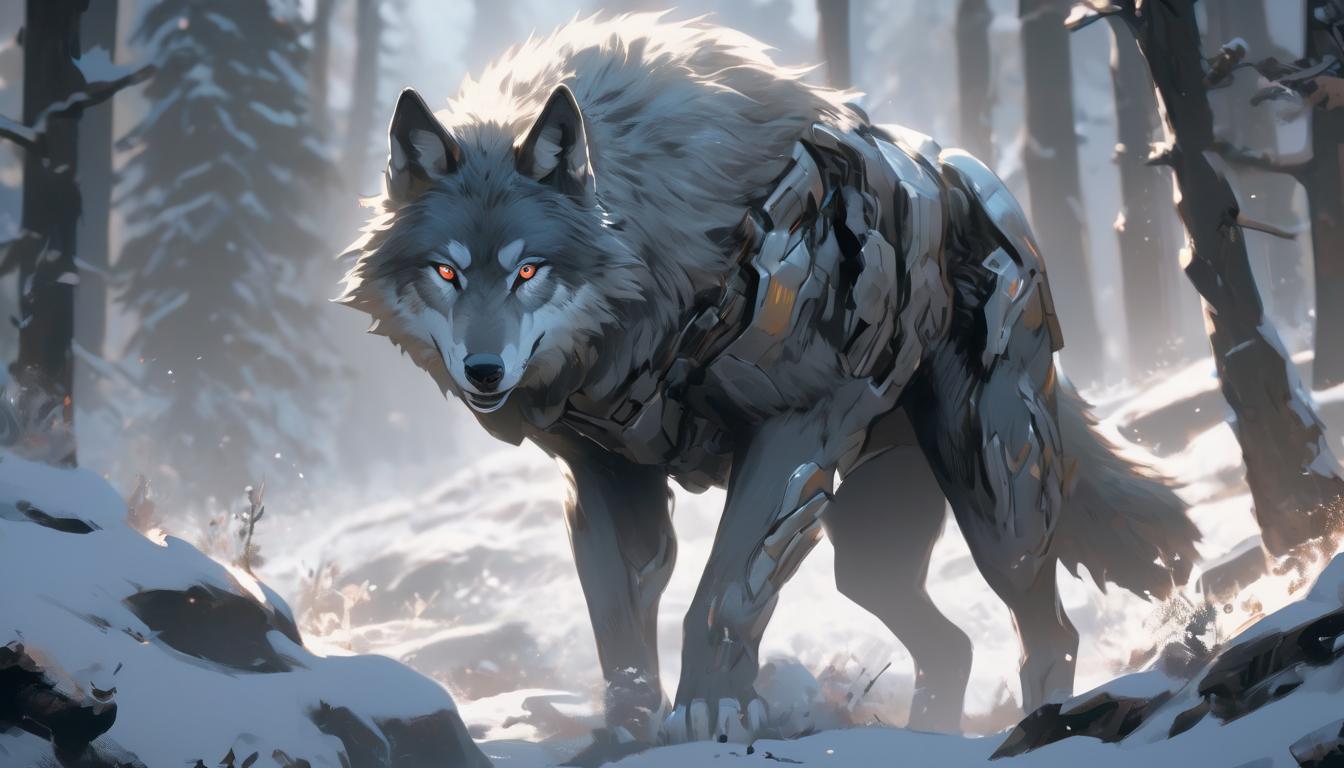  hyperrealism,fantasy aestheticA wolf navigating through different terrains, from forests to mountains, each step purposeful, surroundings detailed with varied textures and elements, versatility, strength, high tech clothing clad in sleek, futuristic costume with metallic accents and form fitting designs, marvel superhero comics style, unreal engine rendering