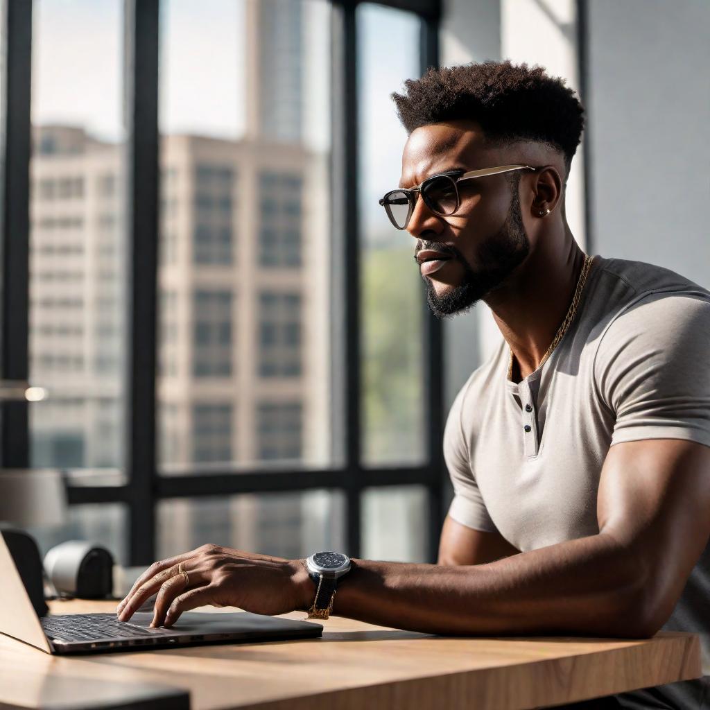  A picture of an African-American male doing high-intensity, detailed work behind a laptop. He should look as if he owns a very successful business. The setting should be a modern, well-furnished office, showcasing his success and professionalism. The image should capture his focused and determined expression while working on important tasks. hyperrealistic, full body, detailed clothing, highly detailed, cinematic lighting, stunningly beautiful, intricate, sharp focus, f/1. 8, 85mm, (centered image composition), (professionally color graded), ((bright soft diffused light)), volumetric fog, trending on instagram, trending on tumblr, HDR 4K, 8K