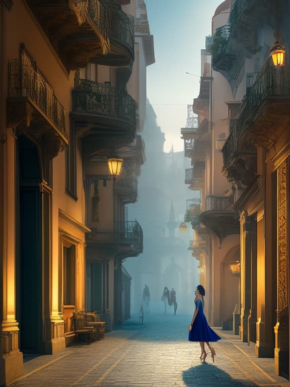 dvarchmodern Fantasy painting. A girl leans and looks out of the balcony onto the street, baroque style short dress in blue gold renaissance, the street in beautiful lighting, focus on the girl, many details, magical glow. hyperrealistic, full body, detailed clothing, highly detailed, cinematic lighting, stunningly beautiful, intricate, sharp focus, f/1. 8, 85mm, (centered image composition), (professionally color graded), ((bright soft diffused light)), volumetric fog, trending on instagram, trending on tumblr, HDR 4K, 8K