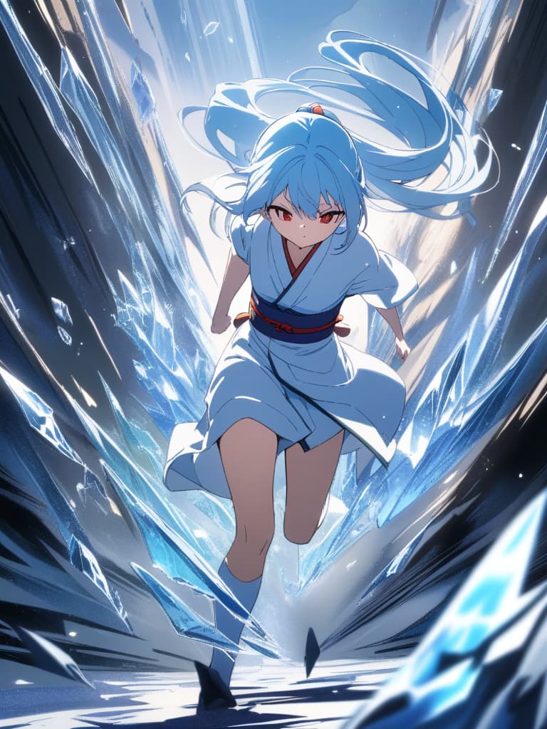  ((Effect,ice effect,ice attribute,ice,ice shards)),pretty girl,cute,beautiful,((light blue hair,blue and red odd eyes,super long hair,in battle,unbuttoned kimono,Yuki onna,crumbling kimono,white kimono,blue obi,running,in battle,knee high socks,mini length kimono,ponytail,cool,))、ultra detailed,best shadow,cute and beautiful face,(masterpiece:1.2),(best quality:1.2),detailed background,high contrast,(best illumination,an extremely delicate and beautiful),((cinematic light)),hyper detail,dramatic light,intricate details,8k,anime,very aesthetic, masterpiece, best quality,8k,ultra detailed,high resolution,an extremely delicate and beautiful,hyper detail