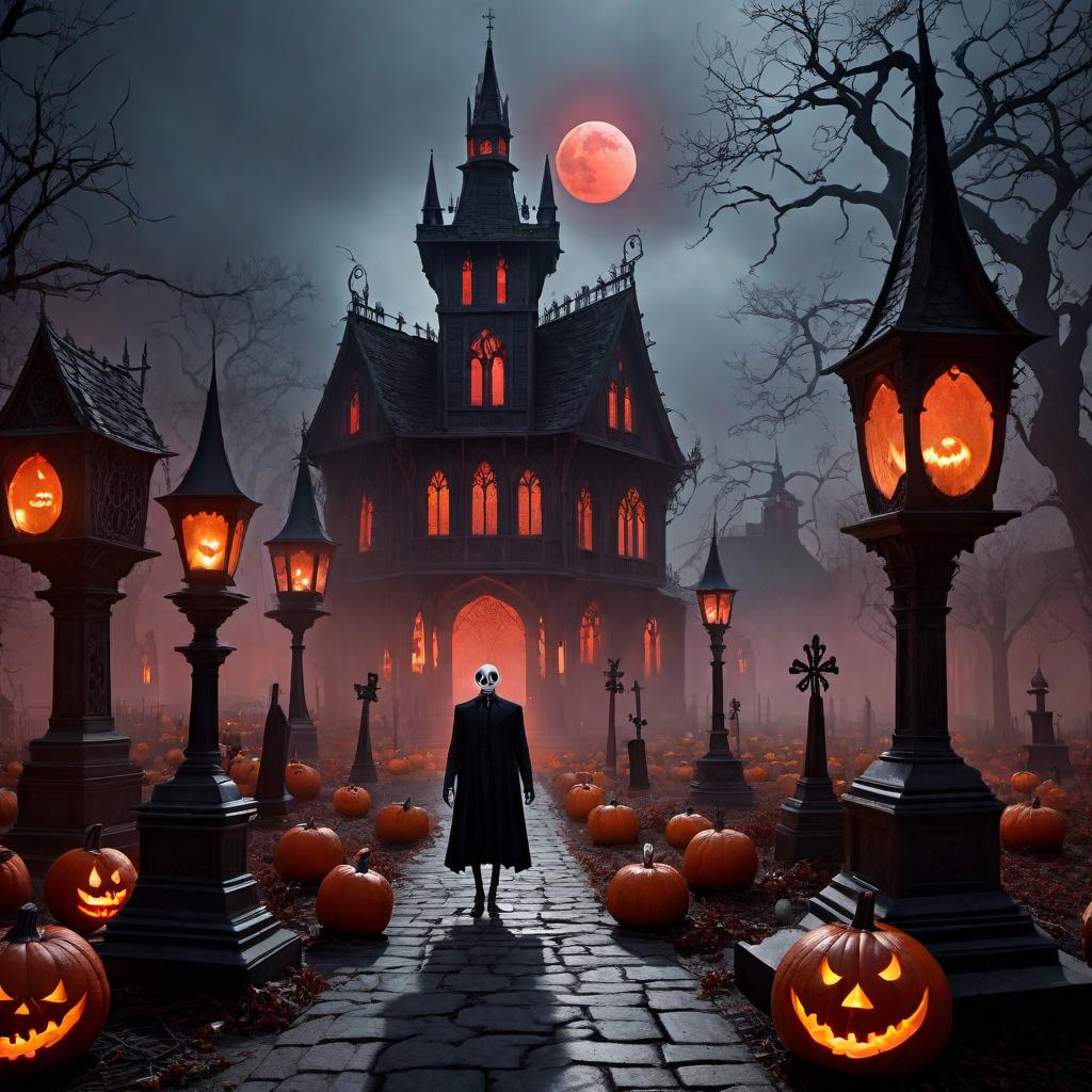  An eerie and dark scene inspired by 'The Nightmare Before Christmas' but with an evil nightmare twist. The setting is a twisted, haunted village under a blood-red moon. Jack Skellington, now more sinister with glowing red eyes and sharper features, stands ominously in the center, surrounded by ghostly, shadowy figures and eerie, twisted trees. The buildings are more Gothic, with sharp spires and dark, distorted architecture. The atmosphere is filled with a haunting fog, and the ground is littered with ghostly pumpkins and creepy gravestones. The color palette is dominated by dark, foreboding hues - blacks, deep reds, and ghostly greys. hyperrealistic, full body, detailed clothing, highly detailed, cinematic lighting, stunningly beautiful, intricate, sharp focus, f/1. 8, 85mm, (centered image composition), (professionally color graded), ((bright soft diffused light)), volumetric fog, trending on instagram, trending on tumblr, HDR 4K, 8K