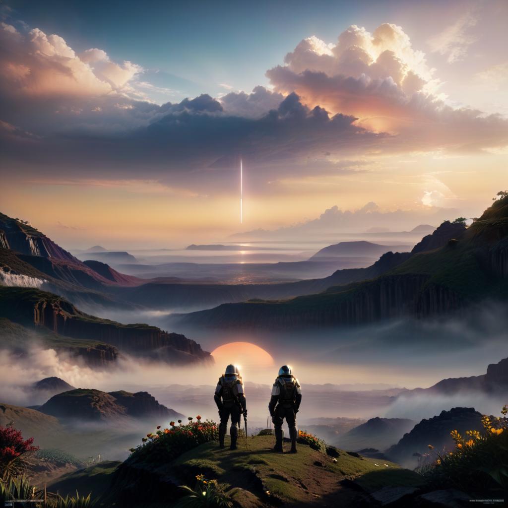  breathtaking They explore the strange landscape, encountering exotic particles and radiation unlike anything seen in modern times, Sci fi digital painting of an alien landscape with otherworldly plants, strange creatures and distant planets, Sunset clouds in background, outer space, astrophotography, twinkling lights, trending on cgsociety, trending on artstation, intricate artwork masterpiece, golden ratio, ominous, intricate, epic, vibrant, matte painting movie poster, production cinematic character render, highly detailed, ultra high quality mod . award winning, professional, highly detailed, Civitai hyperrealistic, full body, detailed clothing, highly detailed, cinematic lighting, stunningly beautiful, intricate, sharp focus, f/1. 8, 85mm, (centered image composition), (professionally color graded), ((bright soft diffused light)), volumetric fog, trending on instagram, trending on tumblr, HDR 4K, 8K