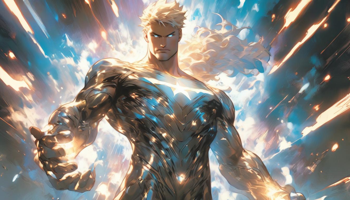  hyperrealism,fantasy aesthetic1man, attractive blonde male humanoid, receiving a download of knowledge, hands outstretched, light flowing through him, celestial backdrop, high tech clothing clad in sleek, futuristic costume with metallic accents and form fitting designs, marvel superhero comics style, unreal engine rendering