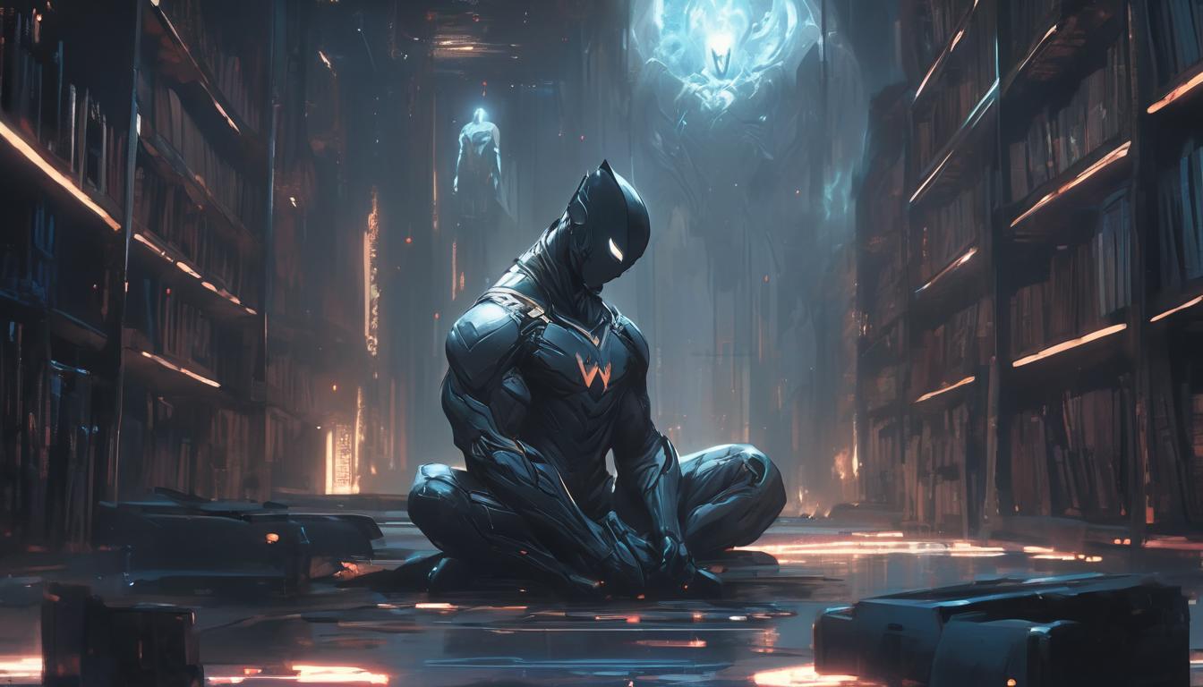  hyperrealism,fantasy aesthetic1man, attractive arian male humanoid, deep in meditation, surroundings fading away, focusing on inner consciousness, room filled with bookshelves, mood of serene detachment, high tech clothing clad in sleek, futuristic costume with metallic accents and form fitting designs, marvel superhero comics style, unreal engine rendering