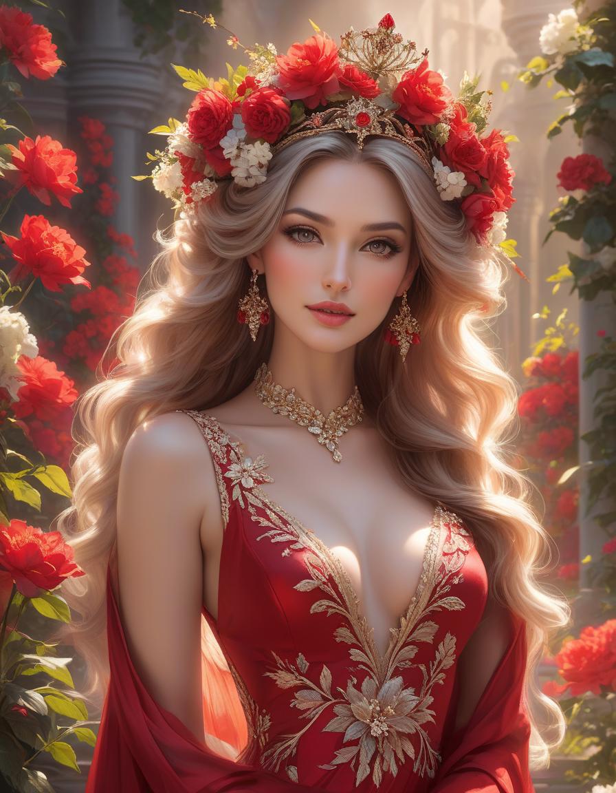  A stunning woman in a vibrant red dress adorned with delicate flowers in her hair, crowned with a regal red tiara, exuding elegance and grace inspired by Magali Villeneuve, fantasy art, karol bak uhd, artgerm, high detailed hyperrealistic, full body, detailed clothing, highly detailed, cinematic lighting, stunningly beautiful, intricate, sharp focus, f/1. 8, 85mm, (centered image composition), (professionally color graded), ((bright soft diffused light)), volumetric fog, trending on instagram, trending on tumblr, HDR 4K, 8K