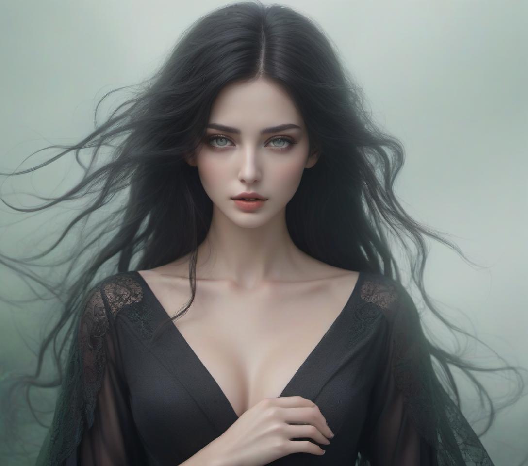  hyperrealistic art A slender young . Black hair is flowing freely in the wind. Green eyes. There is fog in the background, a gloomy atmosphere, young , green eyes, black wavy long hair, beautiful, regular facial features, , slender, dressed in a dark gray dress, narrow long fingers, graceful, slender figure, small s . extremely high resolution details, photographic, realism pushed to extreme, fine texture, incredibly lifelike hyperrealistic, full body, detailed clothing, highly detailed, cinematic lighting, stunningly beautiful, intricate, sharp focus, f/1. 8, 85mm, (centered image composition), (professionally color graded), ((bright soft diffused light)), volumetric fog, trending on instagram, trending on tumblr, HDR 4K, 8K